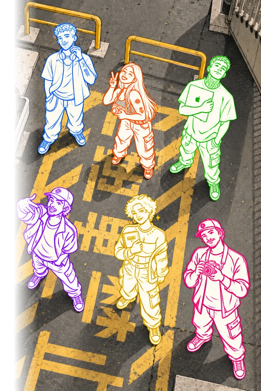 Os seis Nômades desenhados em neon sobre o asfalto de uma rua